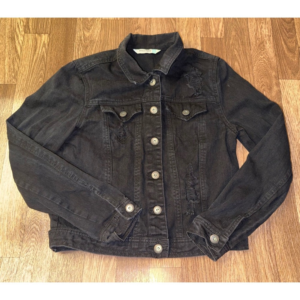 Highway Jeans Black Distressed Denim Trucker Jacket Mens Medium Edgy Frayed M